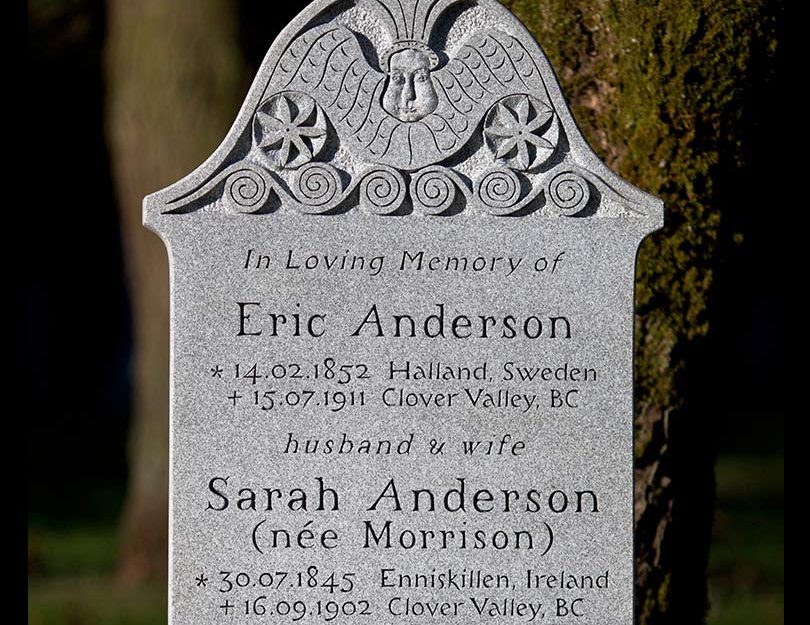 Traditional memorial in Barre grey granite, hand carved, Langley cemetery, British Columbia