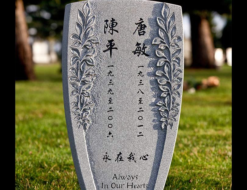 Barre grey granite memorial, relief shape carving, engraved Chinese characters, Boal Chapel, North Vancouver