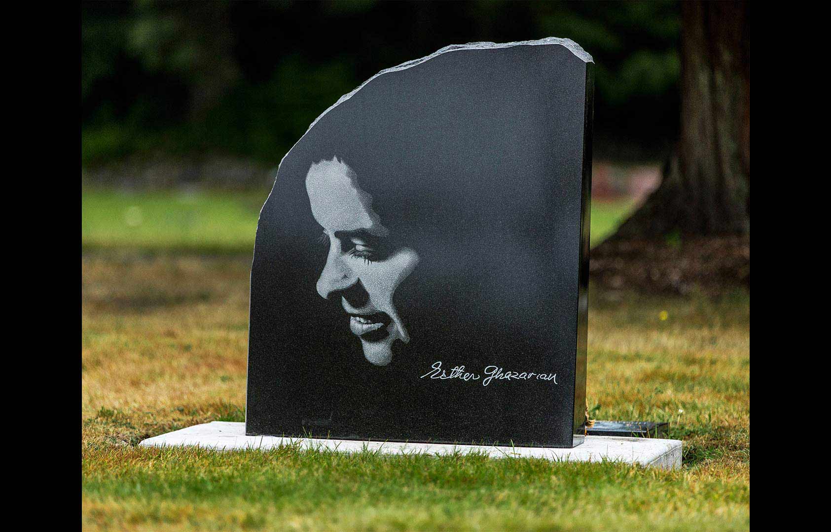 Contemporary black granite monument, hand etching, North Vancouver
