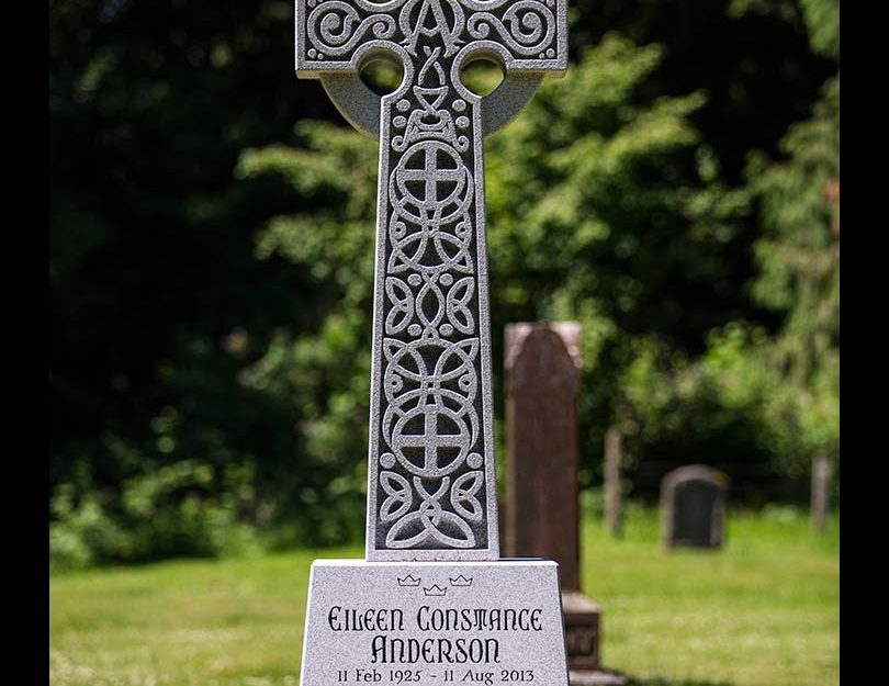 Celtic cross memorial in Barre grey granite, hand carved, Langley cemetery, British Columbia